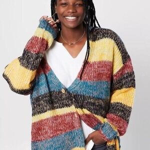 Gilded Intent Women's Striped Long Cardigan‎ Sweater Size Large Oversized Fit